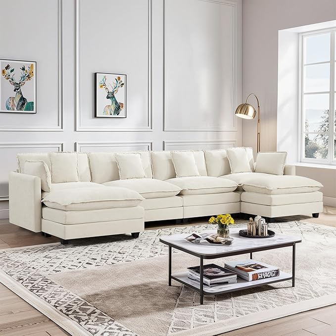 UMBFUN 4-Seater Cloud Couch with 2 Ottomans, Extra-Large Modular Sectional U Shaped Sofa with Deep Seat Cushions, Chenille Couch for Living Room, Beige