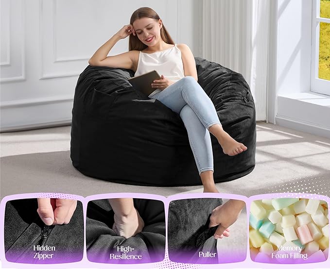 Hobestluk Giant Bean Bag Chair Bed for Adults, Large Bean Bags with High-Density Foam Filling, Convertible Big Sofa Bed Couch for Living Room, Bedroom, Playroom (Black, Twin)