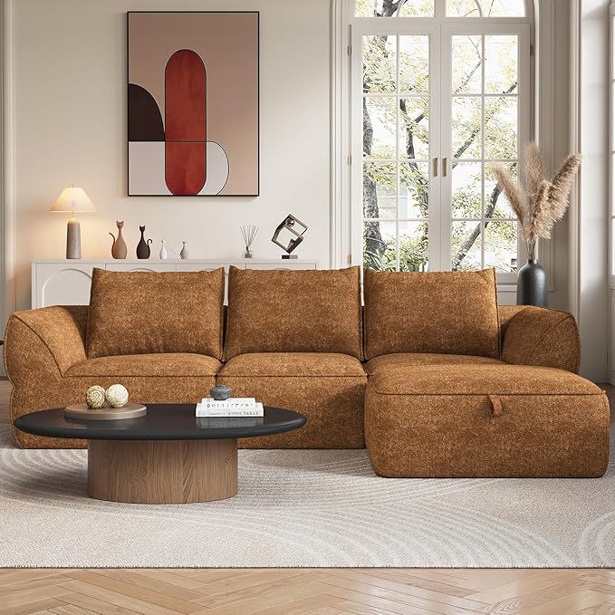 104" Modular Sectional Sofa with Deep Seat, Comfortable Upholstery L Shaped Cloud Couch for Living Room, 3-Seater Boneless Sofa with Movable Ottomans, Removable Cover, No Assembly Required, Orange