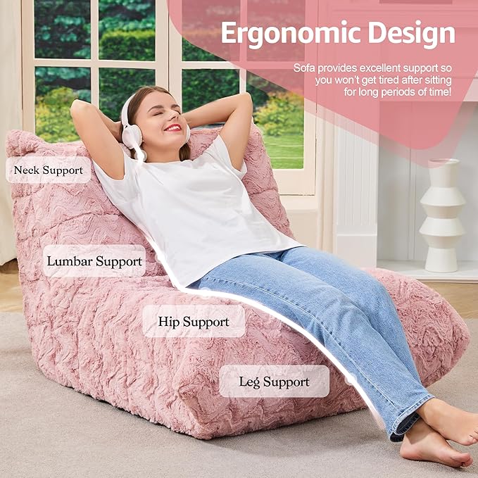 Bean Bag Chairs for Adults Giant Bean Bag Chair Memory Foam BeanBag Chair Bean Bag Sofa with Filler Faux Fur Fireside Beanbags Lazy Sofa for Living Room Bedroom Office (Pink Chevron, Single)