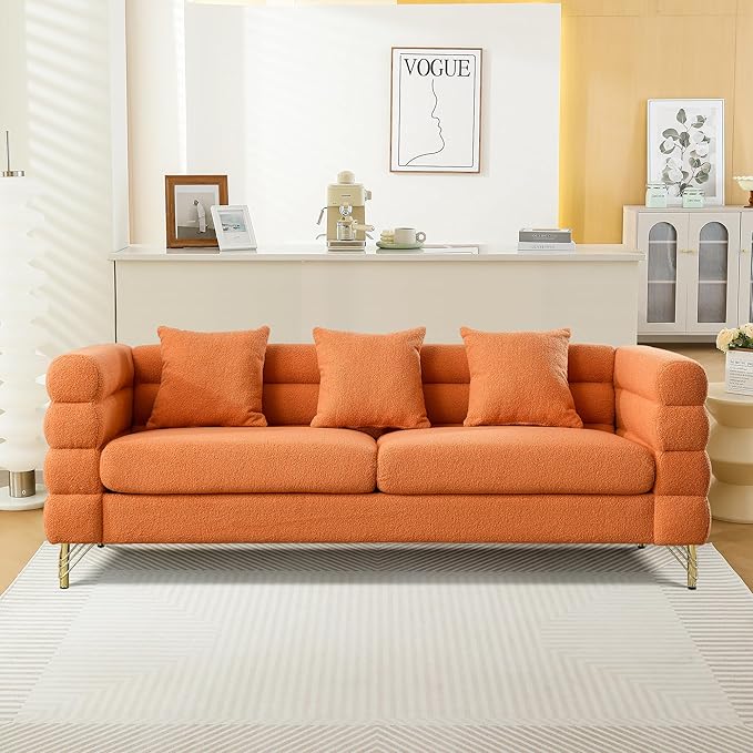mikibama Luxury Teddy Sofa Set for Living Room, Modern Decor Furniture Sectional Sofa, 3 Seater Couch and Loveseat with 5 Pillows for Apartment, Office, Hall (Orange)