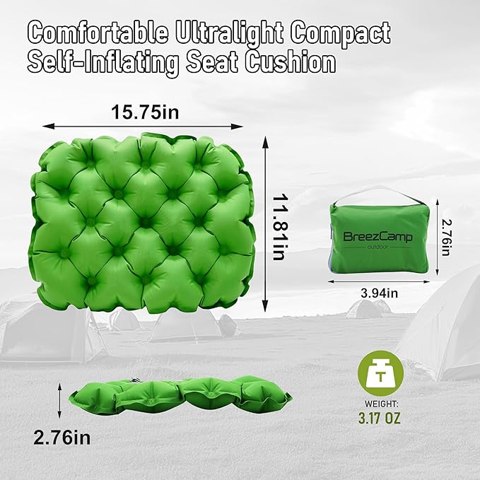 BreezCamp Inflatable Seat Cushion, Lightweight Stadium Seat Pad, Camping Accessories Chair Pad for Airplane Travel, Hiking, Climbing, Home and Office,Green