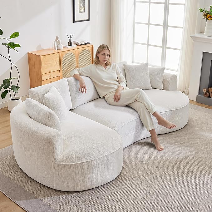 Opiesit 124" Oversized Boneless Couches for Living Room, Sectional Curved Sofa with 7 Pillows, L-Shape Boneless Couch with Deep Seat, High-Density Memory Foam, No Assembly Required, Chenille (White)