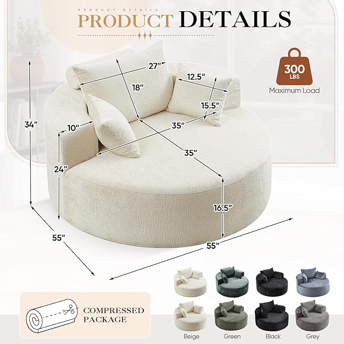 JEEOHEY Modern Round Accent Sofa Chair for Living Room, Upholstered Chenille Barrel Lounge Arm Chair with Large seat&Throw Pillows for Bedroom, Office, Apartment, Beige