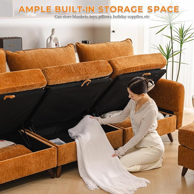 Rexulqo 135'' Modular Sectional Sofa with All Seats Storage, Oversized L Shaped Couch,4-Seater Comfy Cloud Couches with Movable Ottoman,24.5'' Deep Seat,Big Sofas for Living Room,Bedroom,Velet,Yellow