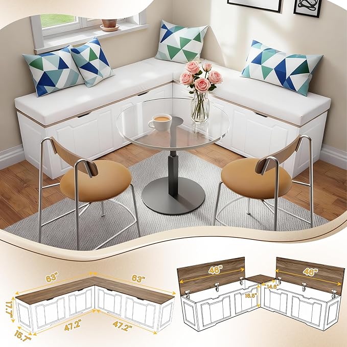 L-Shape Corner Bench with Hidden Storage, Shoe Benches with Cushion,63”Kitchen Corner Nook Bench Seating& Entryway Shoe Bench,Space-Saving Wood Corner Bench for Small Spaces,White, 63"*63"*17.7"