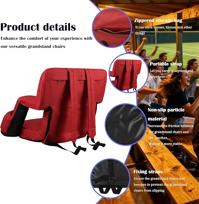 Anmiro Stadium Seats with Back Support Bleacher Chairs with Back and Extra Wide Cushion Thick Padded Bleacher Portable Reclining Seats for Football, Baseball and Basketball (Red, Small)