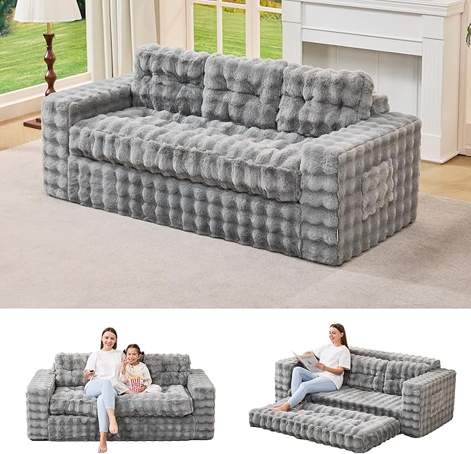 Hobestluk 3-Seater Sofa Boneless Couch with Tufted Button Design 2 in 1 Comfy Cloud Couch Oversized Sofa for Living Room Bedroom Apartment or Office (Grey, 3 Seater)