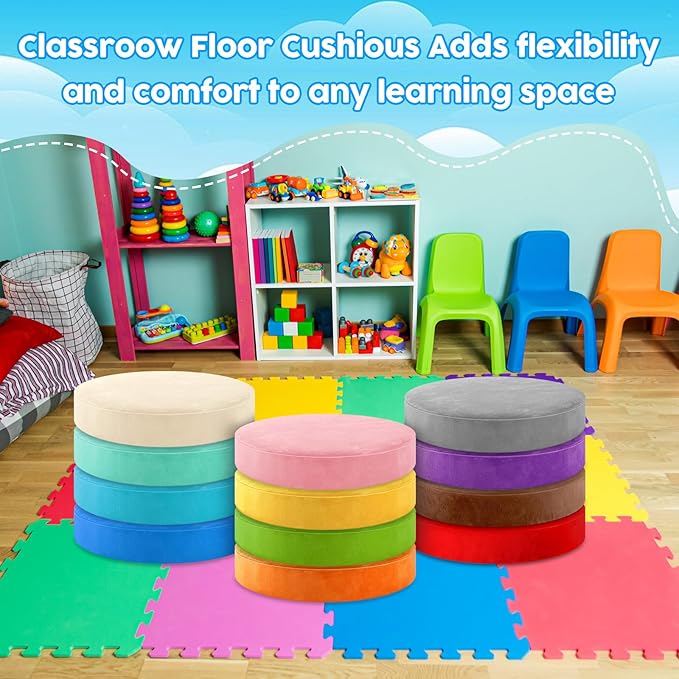 GlikCeil 12 Pcs Round Floor Pillow Cushions for Kids Classroom 15'' Soft Flexible Seating Chair Floor Seats for Reading Corner Playroom - Winter & Spring School Supplies (Color Carnival Series)