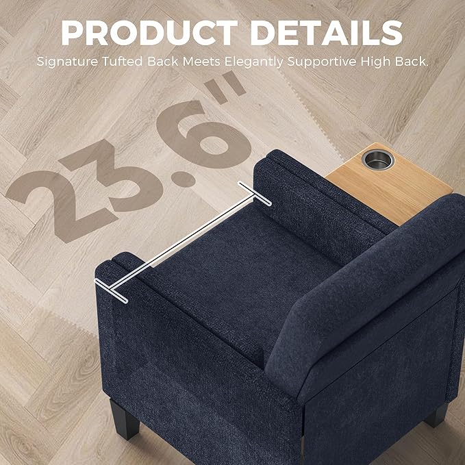 Chenille Accent Chair, Mid Century Modern Arm Chair with Foldable Wooden Side Table & Cup Holder - Comfy Reading Chair for Bedroom,Living Room Chairs,Sofa Chair Set of 2,Navy Blue