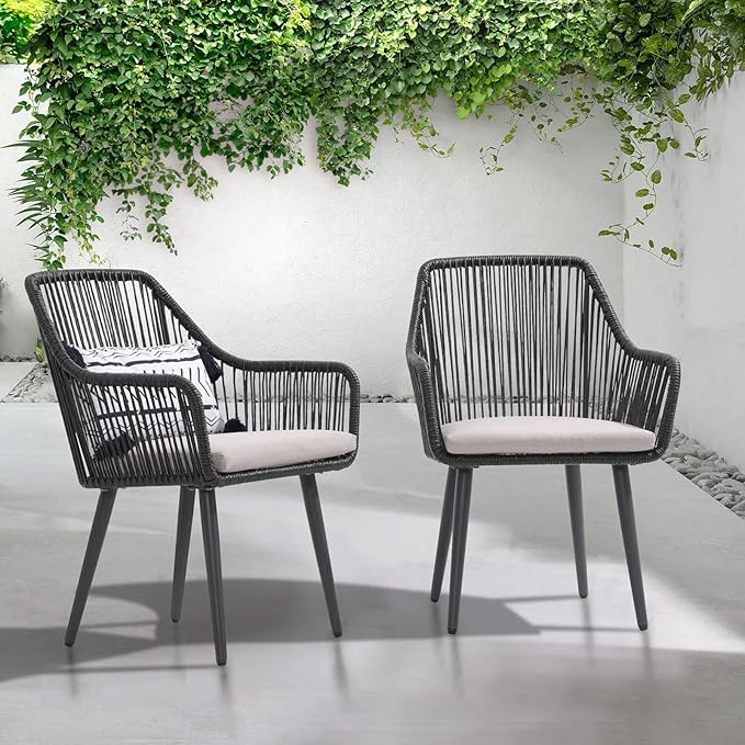 Patiorama Outdoor Dining Chairs, Patio Dining Chair Set of 6, All-Weather Woven Rope Rattan Chairs, Outdoor Dining Wicker Chairs with Armrests for Indoor Balcony Pool Backyard(Black)