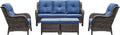 Rilyson Outdoor Furniture Set, 5-Piece Patio Rattan Wicker Sectional Sofa Set with 3-Seat Couch, 2 Armchairs, 2 Ottoman Footrests for Patio Conversation (5 PC,Brown/Blue)