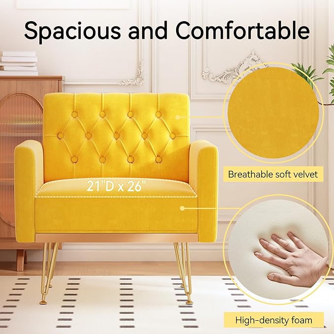 Accent Chair for Living Room, Comfy Oversized Velvet Upholstered Arm Chairs, Mid Century Modern Reading Single Sofa Side Chair with Tufted Back and Gold Legs for Bedroom (2, Mustard)