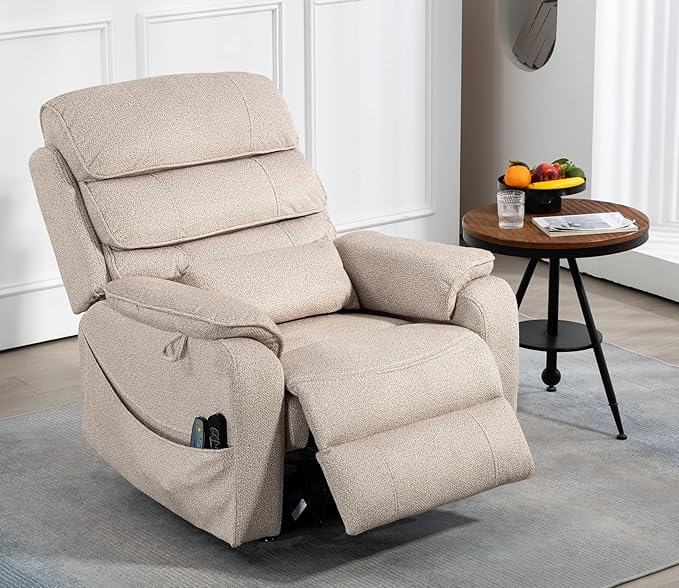 Beige Recliner Chair for Elderly | Tall and Big Man 400lbs | Chenille | Power Lift, Lay Flat, Stand Up, Wireless Charging Device, Extended Footrest, Massage Heat, Cup Holder, Lumbar Pillow