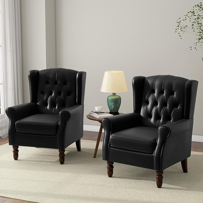 DREAMSIDEA Accent Chair, Upholstered Armchair with Button Tufted High Back & Solid Wood Legs, Comfy Wingback Reading Single Sofa Chair for Small Spaces, Living Room, Bedroom (Leather Black, Set of 2)