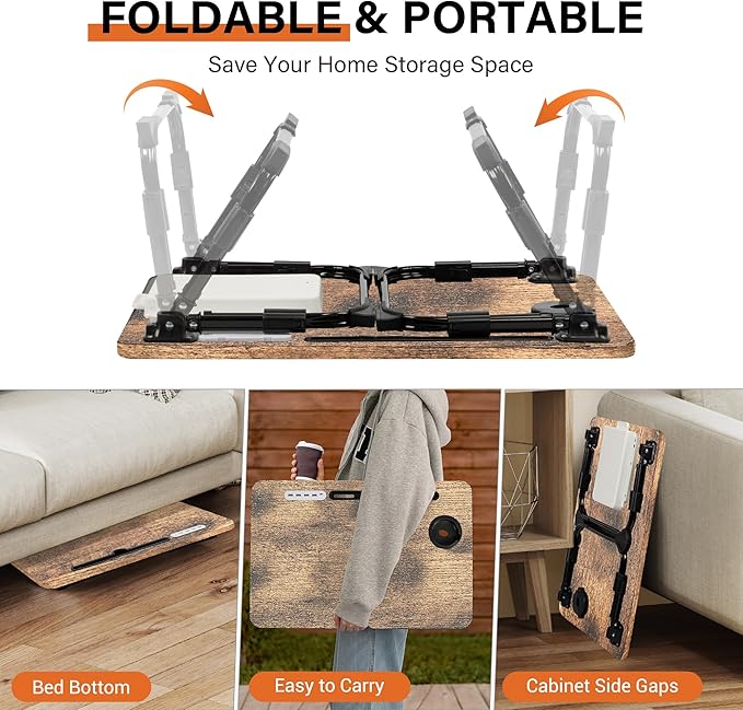 DECOSIS Laptop Desk for Bed Height Adjustable, Lap Bed Table with USB/Storage Drawer/Cup Holder/Tablet Stand/Book Shelf, Foldable Breakfast Tray Portable for Reading Writing, Sofa & Floor, Carbonized