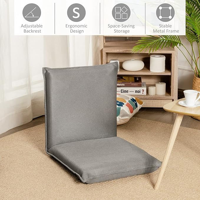 BestComfort Set of 2 Folding Floor Chair 6-Position Adjustable Meditation Chair Video Gaming Chair for Reading TV Watching, Portable Floor Seat Lounge Sofa Chair for Kids Teens Adult, Grey