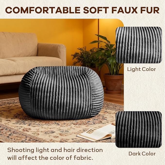 Bean Bag Chairs for Adults with Memory Foam Filling - 34" Large Faux Suede Bean Bag Chair Sofa, Ergonomic Lazy Lounger with Back Support & Armrest, Comfy Floor Seating (Grey)