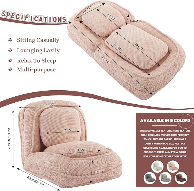 Upholstered Human Dog Bed for Adult & Pets, Convertible Lazy Sofa Bed with 5 Adjustable Position, Comfy Tatami Bean Bag Lounge Chair with 2 Soft Pillows for Bedroom Living Room Office (Pink)