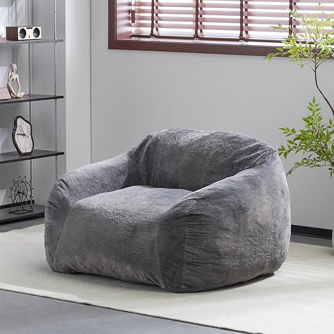 Indoor Bean Bag Chair,Faux Fur Lounge Seat with Shredded Memory Foam Fill – Ergonomic, Eco-Friendly, Comfort Space-Saving Floor Seating for Bedroom Dorm Apartment Living Room,Gray