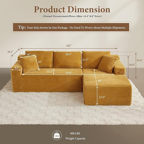 105" Sectional Couches for Living Room Cloud Couch Sofa with L-Shape Upholstered Boneless Couchs Modern Modular Sectional Couch with Chaise (Yellow, 105" W+Right Facing Chaise+2Seaters)