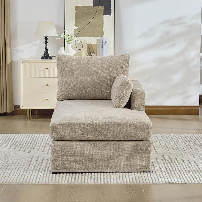 KEIKI 60" Chaise Lounge Chair Indoor, Modern Deep Seat Sofa Bed, Corduroy Couch with Cushions, Single Sleeper Chair for Living Room, Bedroom, Apartments, Taupe (Right Side)