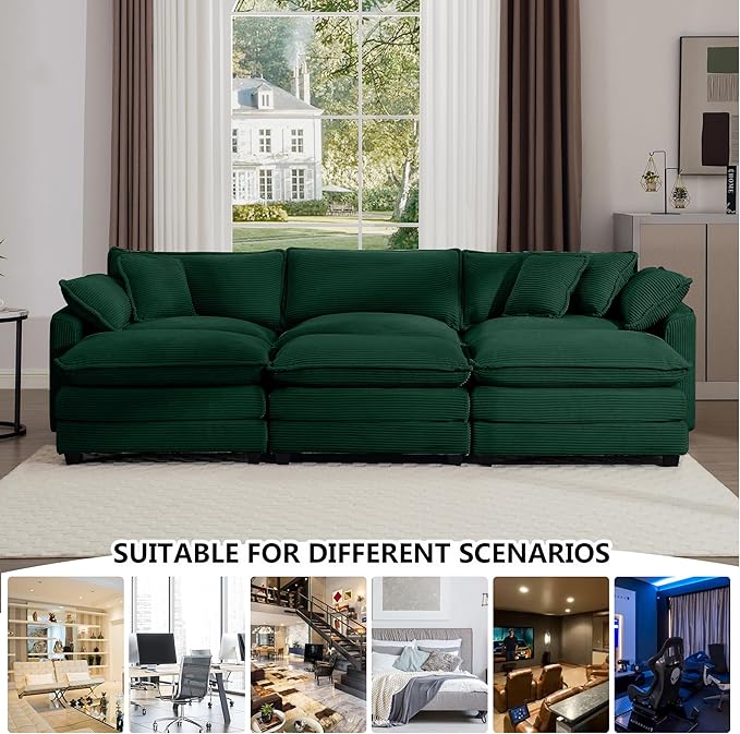 Aoowow Corduroy 3 Seater Sleeper Couch with Ottomans,Large Cloud Couches for Living Room,Oversized Modular Sectional Cloud Sofas Deep Seat,Tufted Chaise Lounge Sofa (Green, 3 Seater + 3 Ottoman)