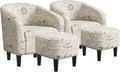 Yaheetech Accent Chair with Foot Rest, Mid Century Modern Upholstered Soft Barrel Chair, Comfy Fabric Armchair and Footrest Set for Living Room/Bedroom/Reading Room, Set of 2 Letter Print