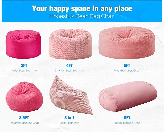 Hobestluk 6FT Bean Bag Chair Large Beanbag Lounger with Removable Cover Adult Bean Bag Chair with Portable Handle Desgin for Living Room Bedroom (Pink, 6FT)