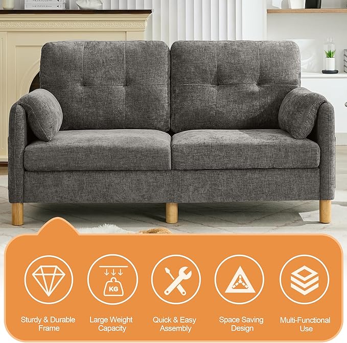 WUTUTUEE 65" Chenille Modern Loveseat Sofa, Upholstered 2-Seater Love Seat Couch with Armrest Pillows, Storage Pockets, Easy Assembly, Tufted Loveseat Couches for Living Room Bedroom, Light Grey