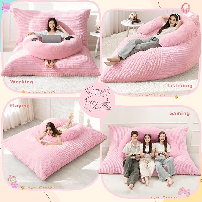Homguava Giant Bean Bag Chair for Adults with Pillow, 4 in 1 Convertible Floor Cushion for Adluts, Memory Foamed Bean Bag Lounger with Washable Cover for Living Room, Bedroom