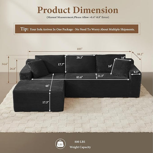 105" Sectional Couches for Living Room Cloud Couch Sofa with L-Shape Upholstered Boneless Couchs Modern Modular Sectional Couch with Chaise (Black, 105" W+Left Facing Chaise+2Seaters)