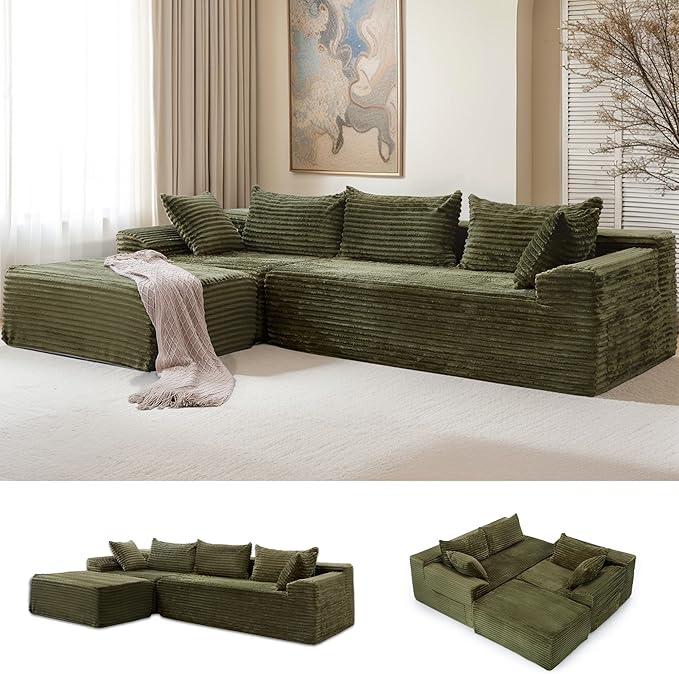 Korser 110" Sectional Couches for Living Room, Modular Sectional Sofa with L-Shape Chaise, Cloud Couch, Comfy Corduroy Fluffy Couch with Deep Seat and Side Pockets