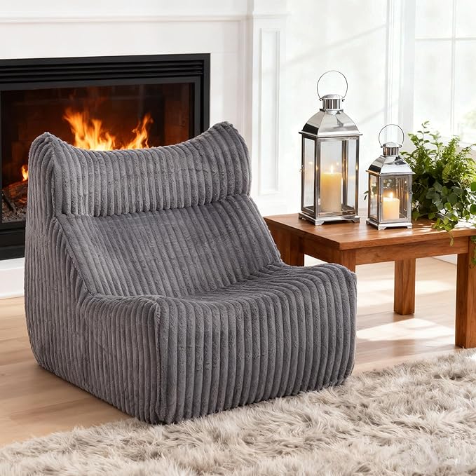 Bean Bag Chairs, Giant Bean Bag Chair for Adults, Memory Foam Lounge Chair, Comfy Lazy Floor Chair, Bean Bag Sofa for Living Room, Bedroom and Office, Single Bean Bag (Grey)