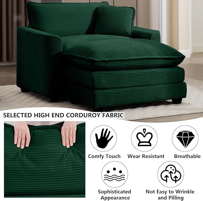 Aoowow Corduroy Large Armchair with Ottoman,Tufted Indoor Chaise Lounge Chair,Oversized Single Sofa Chair with Footrest,Single Seat Cloud Sofas Couches for Living Room (Green, Sofa Chair + Ottoman)