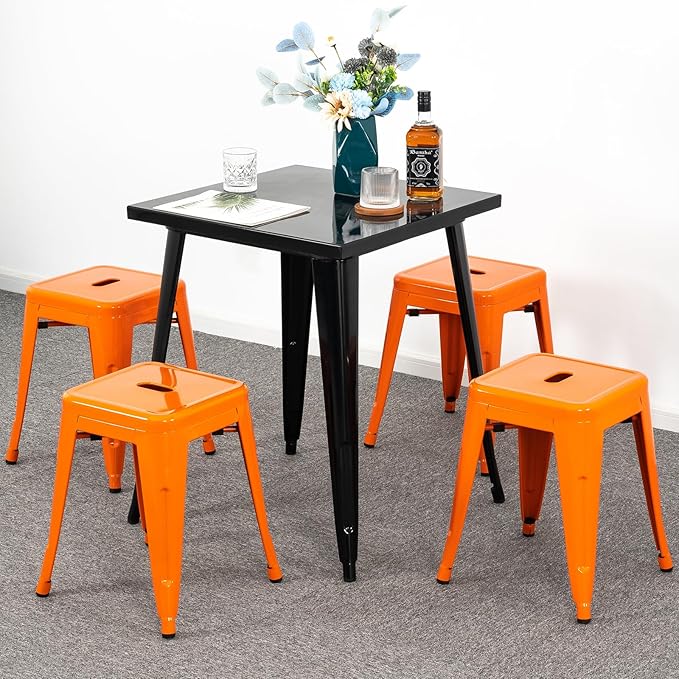 Brage Living 18 Inch Industrial Metal Stools Set of 4, Stackable Classroom Stools, Backless Metal Dining Chairs for Indoor Outdoor, Kitchen Short (Orange)