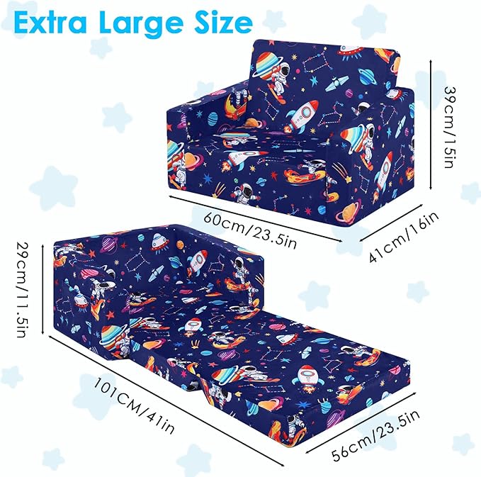 decalsweet Foldable Kids Sofa Couch 2 in 1 Children Convertible Sofa to Lounger Flip Open Toddlers Sofa Bed,Extra Wide Soft Lightweight for Bedroom Livingroom Playroom