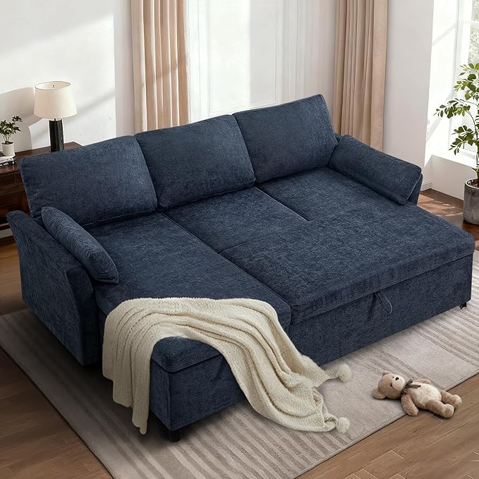 ACMEASE 83 Inches Fabric Sectional Sofa with Pull Out Sofa Bed, Modern L Shaped Sofa with Throw Pillows, Comfortable Sleeper Couch with Storage Chaise for Living Room, Blue