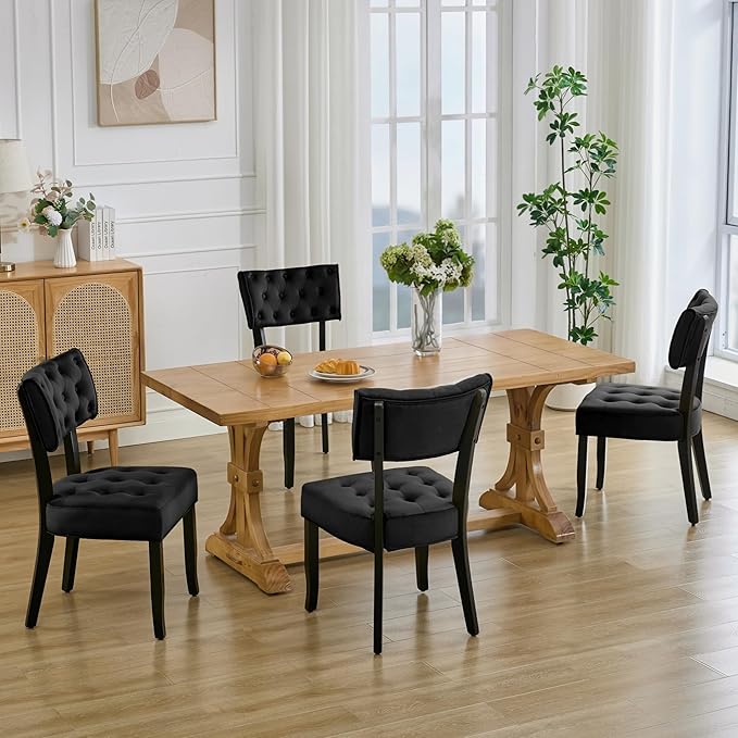 UVV Upholstered Dining Chairs Set of 4, Mid Century Modern Tufted Kitchen Chairs Dining Room Chairs, Velvet Dinner Chair with Wood Legs for Dining Room Kitchen, Black-Black Legs
