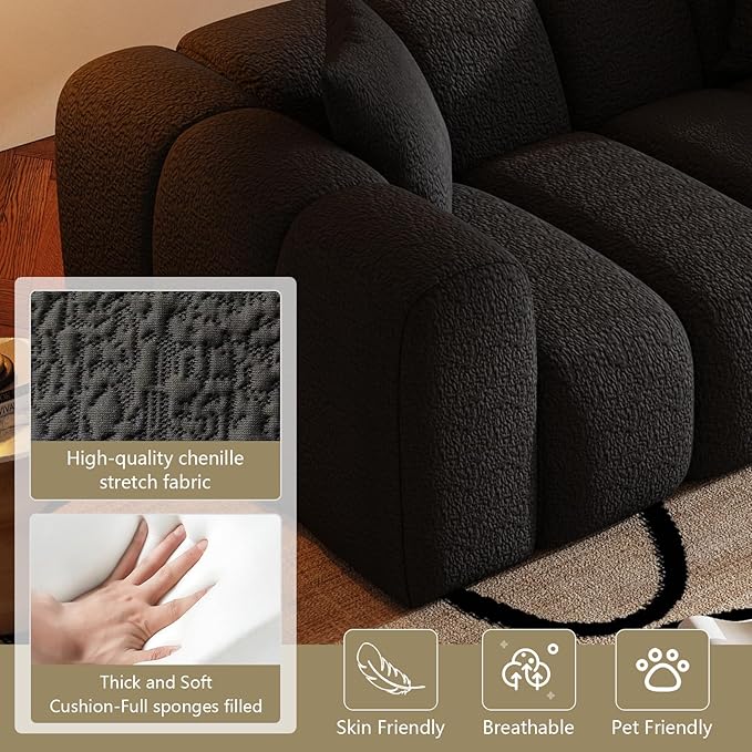 70" Modern Chenille Fabric Sofa Couch – One-Piece Memory Foam 3-Seater Sofa with Rounded Arms, Soft & Cozy Upholstery for Living Room (Black)