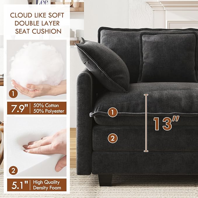 WorthFurni 77 Inch L Shape Cloud Sofa, Modular Sectional Couch with Ottoman, Comfy Chenille Deep Seat Loveseat with Pillow for Living Room Bedroom Apartment (Black)