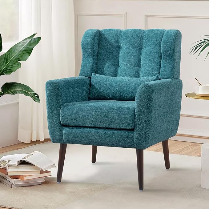 CHSICFOR Modern Accent Chair, Upholstered Arm Chair with Waist Pillow, Single Sofa Chair for Living Room Bedroom Small Spaces (Teal)