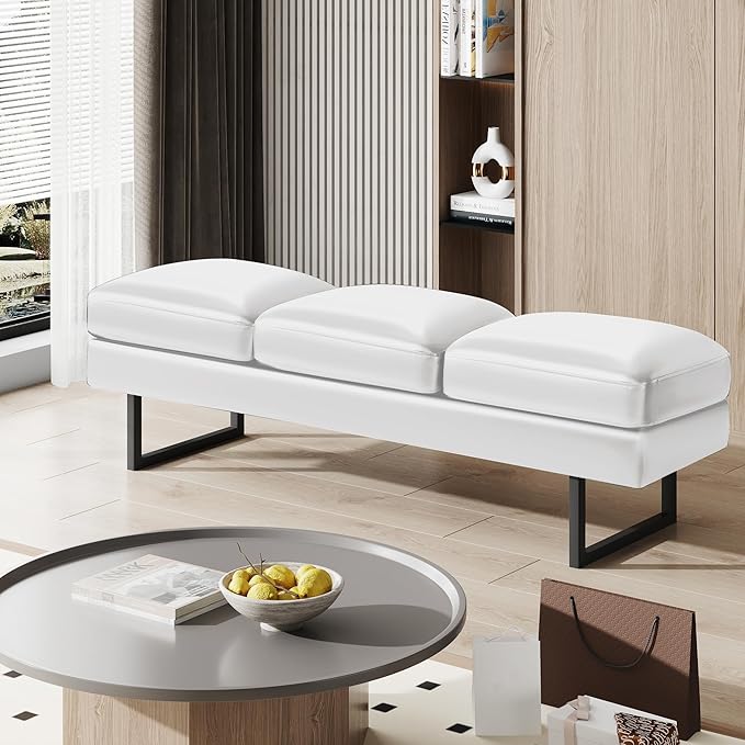 JUMMICO Waiting Room Chair Office Chair Seating, 59.6 inches Upholered Reception Bench 3 Seat Faux Leather Office Guest Chair Conference Room Chair for Salon and Shop (White)