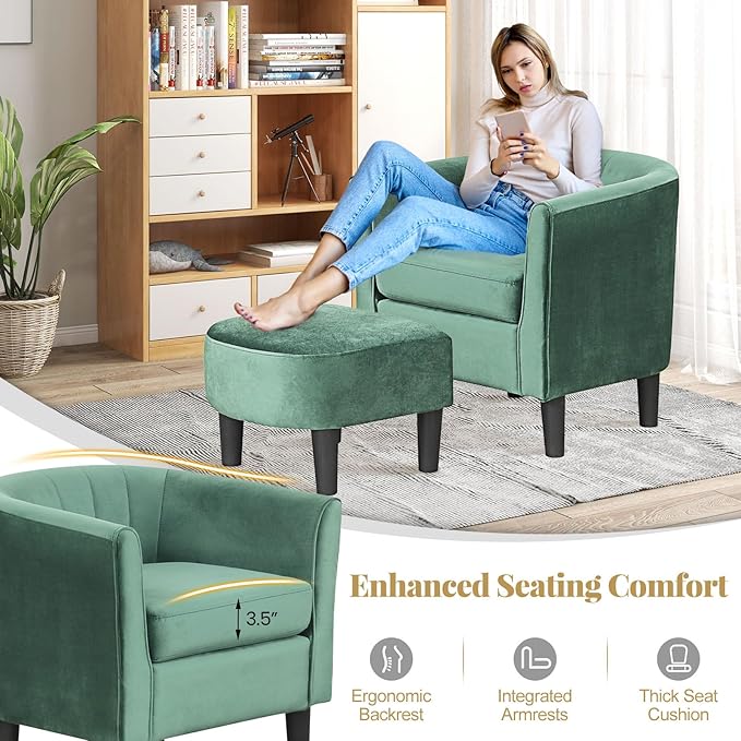 GOFLAME Accent Chair with Ottoman, Modern Velvet Fabric Barrel Chair with Footrest, Curved Backrest, Removable Seat Cushion, Upholstered Club Tub Sofa, Reading Armchair for Living Room, Bedroom, Green
