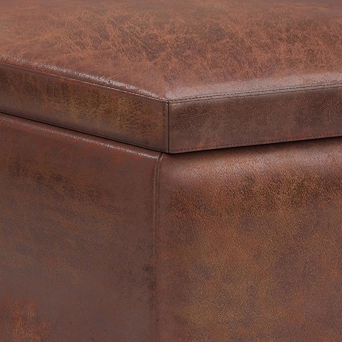 SIMPLIHOME Owen Small Coffee Table Storage Ottoman - 34 inch Wide Upholstered Vegan Leather Rectangle Ottoman in Distressed Pecan Brown, Mid-Century Modern Ottoman for Entryway with Serving Trays
