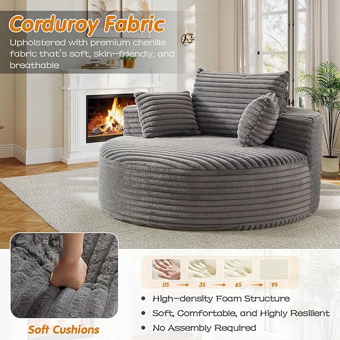55"W Oversized Round Chair Lounge Chaise Indoor, Upholstered Comfy Circle Sofa Armchair, Modern Cozy Boneless Foam Floor Reading Chair for Living Room, Bedroom, No Assembly Required(Corduroy, Grey)