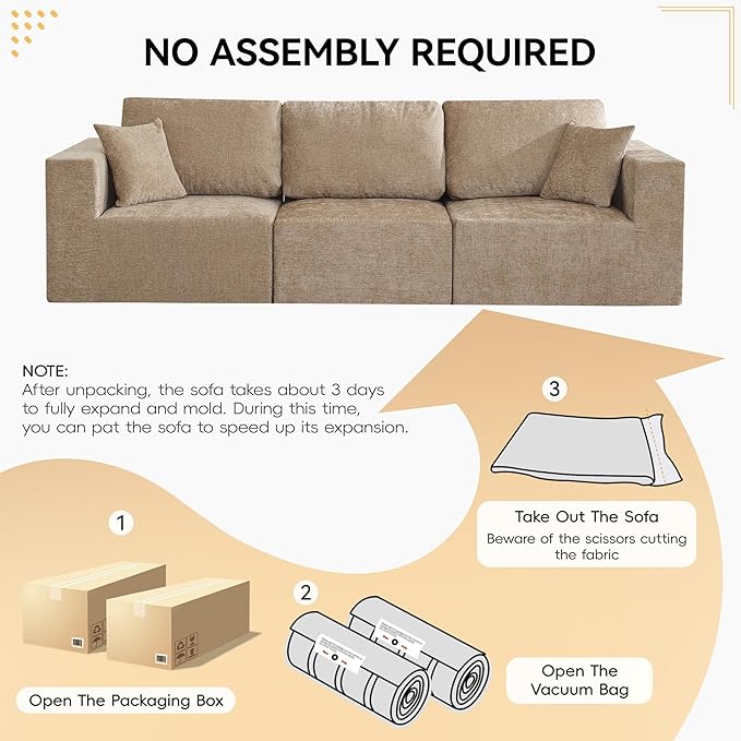 115'' Comfy Boneless Couch, Upholstered Deep Seat Modular Cloud Sofa, No Assembly Chenille Compression 3 Seater Sofa Couch for Living Room, Camel