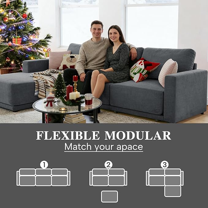 CAPCAPA 112" Modular Sectional Couches for Living Room, L-Shaped Modern Sofa with Ottoman, 4-Piece Chenille Sofa Set for Home Furniture, Dark Grey