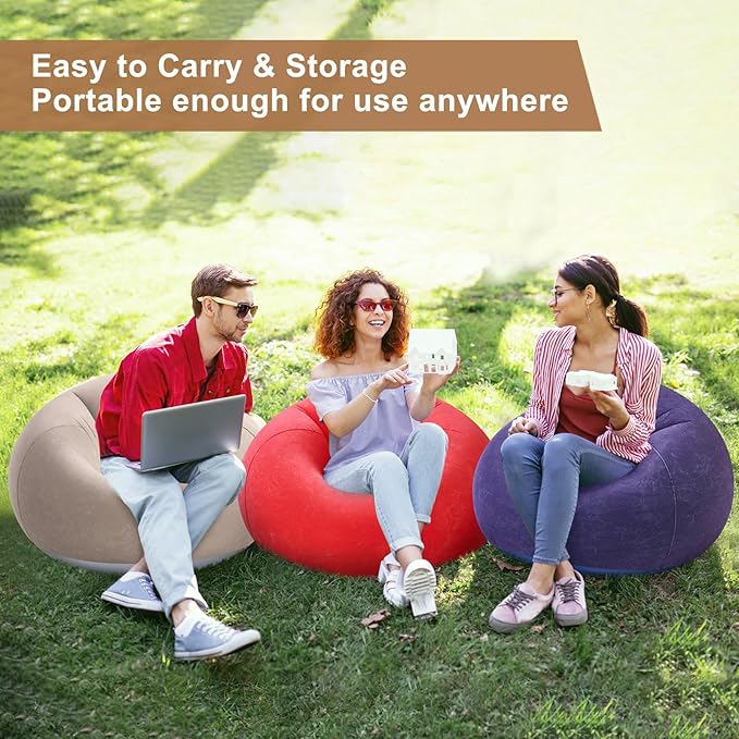 Realspring 6 Pcs Inflatable Bean Bag Chairs for Adults with Electric Air Pump, Blow up Couch Folding Portable Inflatable Couch Lazy Sofa for Outdoor Movie Nights Camping Room (Coffee,Blue,Red)