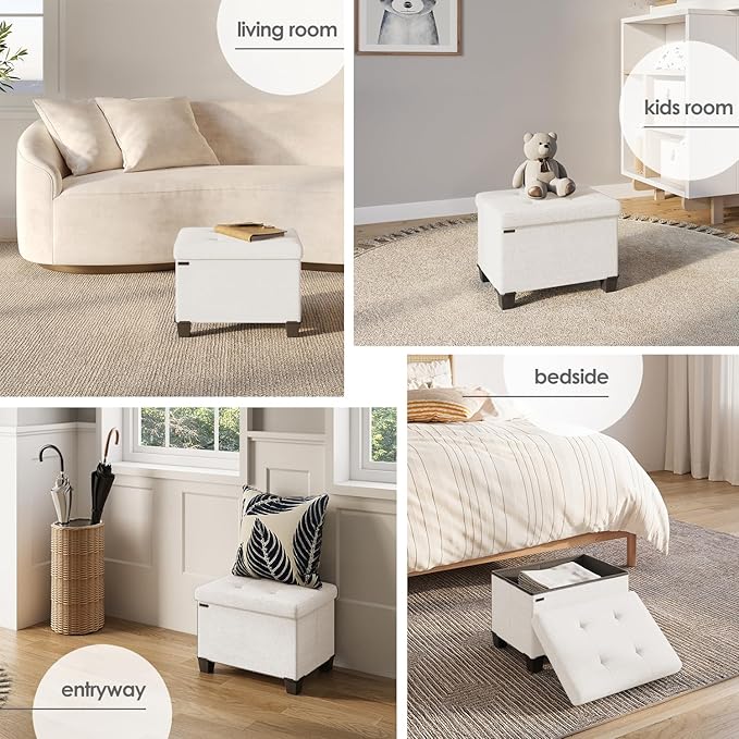 Storage Ottoman Cube with Small Bin, 16-in Square Ottoman with Storage for Living Room and Bedroom, Small Ottomans Foot Rest, Fabric Foot Stools Ottomans Max 330lbs, Cream
